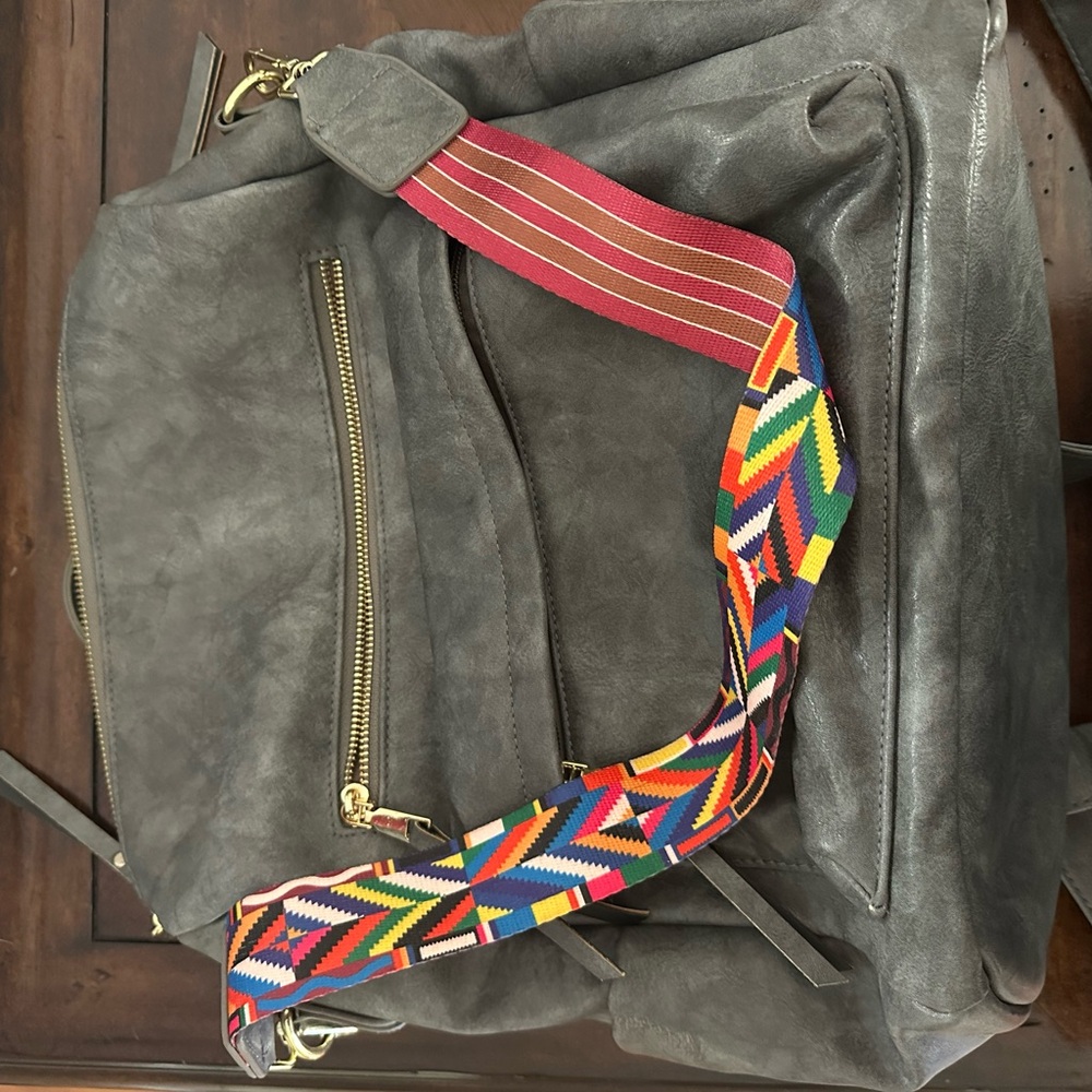 Gray Backpack with Colorful Strap